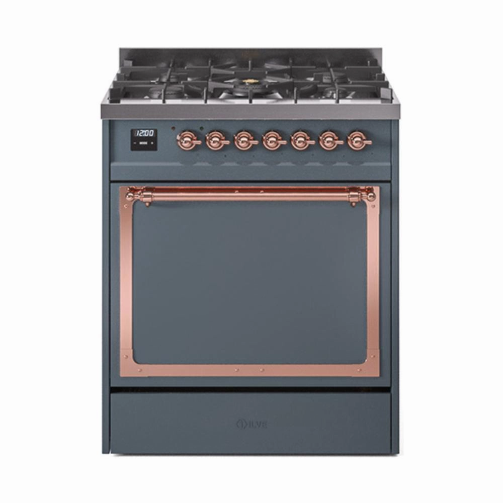 Ilve UN30QNMPBGPLP Ilve Un30Qnmpbgplp Nostalgie Ii Noblesse 30" Dual Fuel Range (Liquid Propane, Solid Door, Blue Grey, Copper) Freestanding Ranges freestanding dual fuel range 30 inch
