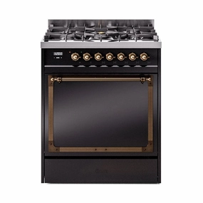 Ilve UN30QNMPBKB Ilve Un30Qnmpbkb Nostalgie Ii Noblesse 30" Dual Fuel Range (Natural Gas, Solid Door, Glossy Black, Burnished) Freestanding Ranges freestanding dual fuel range 30 inch