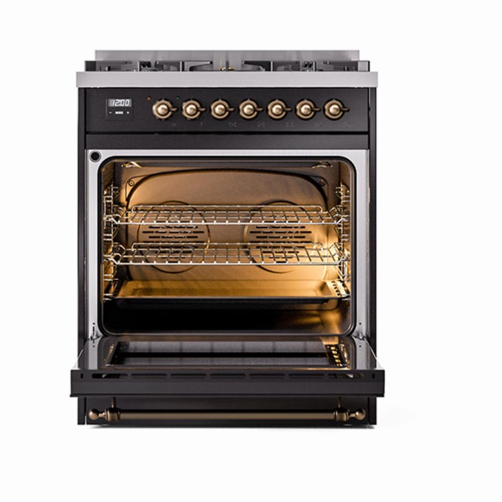 Ilve UN30QNMPBKB Ilve Un30Qnmpbkb Nostalgie Ii Noblesse 30" Dual Fuel Range (Natural Gas, Solid Door, Glossy Black, Burnished)