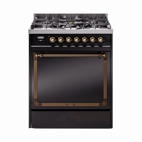 Ilve UN30QNMPBKBLP Ilve Un30Qnmpbkblp Nostalgie Ii Noblesse 30" Dual Fuel Range (Liquid Propane, Solid Door, Glossy Black, Burnished) Freestanding Ranges freestanding dual fuel range 30 inch