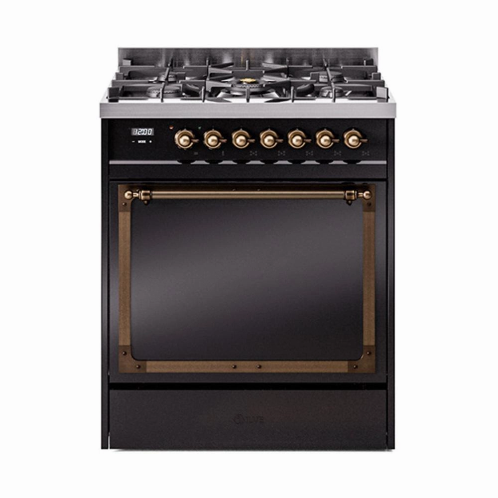 Ilve UN30QNMPBKBLP Ilve Un30Qnmpbkblp Nostalgie Ii Noblesse 30" Dual Fuel Range (Liquid Propane, Solid Door, Glossy Black, Burnished) Freestanding Ranges freestanding dual fuel range 30 inch