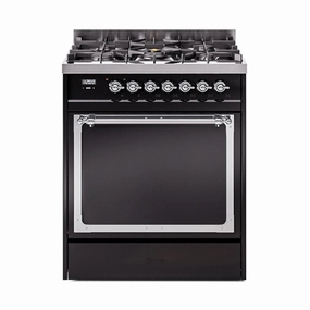 Ilve UN30QNMPBKC Ilve Un30Qnmpbkc Nostalgie Ii Noblesse 30" Dual Fuel Range (Natural Gas, Solid Door, Glossy Black, Chrome) Freestanding Ranges freestanding dual fuel range 30 inch