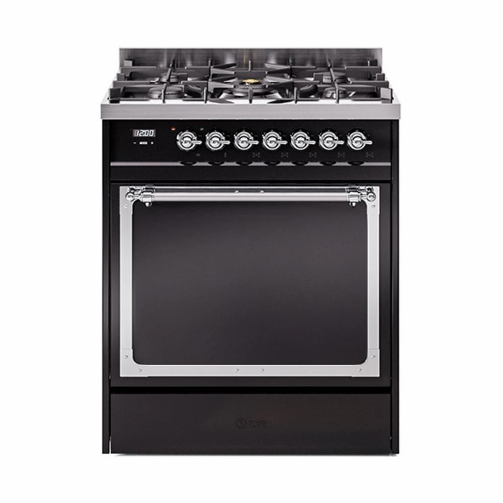 Ilve UN30QNMPBKC Ilve Un30Qnmpbkc Nostalgie Ii Noblesse 30" Dual Fuel Range (Natural Gas, Solid Door, Glossy Black, Chrome) Freestanding Ranges freestanding dual fuel range 30 inch