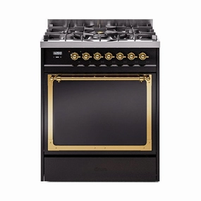 Ilve UN30QNMPBKG Ilve Un30Qnmpbkg Nostalgie Ii Noblesse 30" Dual Fuel Range (Natural Gas, Solid Door, Glossy Black, Brass) Freestanding Ranges freestanding dual fuel range 30 inch