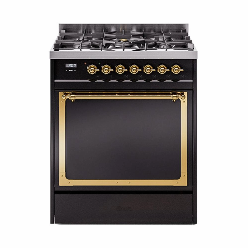 Ilve UN30QNMPBKG Ilve Un30Qnmpbkg Nostalgie Ii Noblesse 30" Dual Fuel Range (Natural Gas, Solid Door, Glossy Black, Brass) Freestanding Ranges freestanding dual fuel range 30 inch