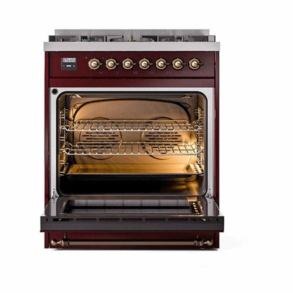 Ilve UN30QNMPBUB Ilve Un30Qnmpbub Nostalgie Ii Noblesse 30" Dual Fuel Range (Natural Gas, Solid Door, Burgundy, Burnished)