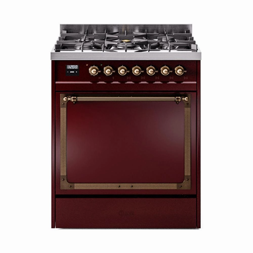 Ilve UN30QNMPBUB Ilve Un30Qnmpbub Nostalgie Ii Noblesse 30" Dual Fuel Range (Natural Gas, Solid Door, Burgundy, Burnished) Freestanding Ranges freestanding dual fuel range 30 inch