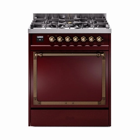 Ilve UN30QNMPBUB Ilve Un30Qnmpbub Nostalgie Ii Noblesse 30" Dual Fuel Range (Natural Gas, Solid Door, Burgundy, Burnished) Freestanding Ranges freestanding dual fuel range 30 inch