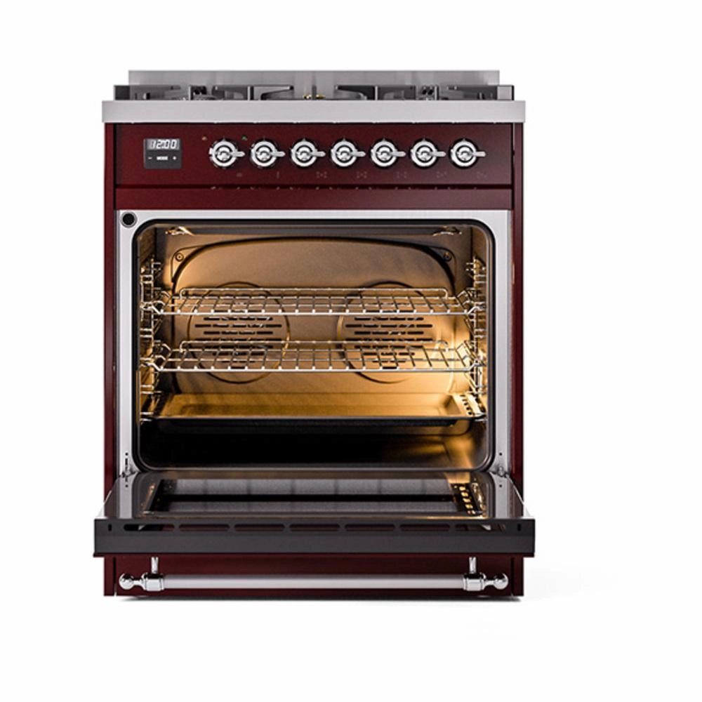 Ilve UN30QNMPBUCLP Ilve Un30Qnmpbuclp Nostalgie Ii Noblesse 30" Dual Fuel Range (Liquid Propane, Solid Door, Burgundy, Chrome)