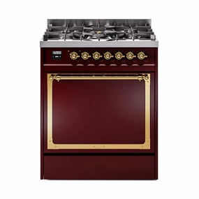 Ilve UN30QNMPBUGLP Ilve Un30Qnmpbuglp Nostalgie Ii Noblesse 30" Dual Fuel Range (Liquid Propane, Solid Door, Burgundy, Brass) Freestanding Ranges freestanding dual fuel range 30 inch