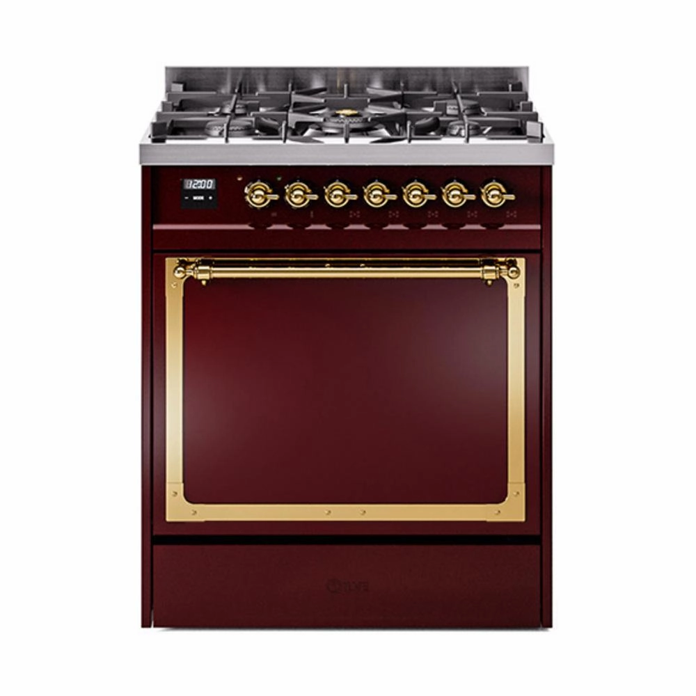 Ilve UN30QNMPBUGLP Ilve Un30Qnmpbuglp Nostalgie Ii Noblesse 30" Dual Fuel Range (Liquid Propane, Solid Door, Burgundy, Brass) Freestanding Ranges freestanding dual fuel range 30 inch