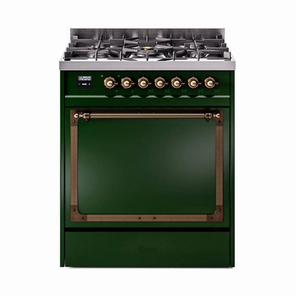 Ilve UN30QNMPEGBLP Ilve Un30Qnmpegblp Nostalgie Ii Noblesse 30" Dual Fuel Range (Liquid Propane, Solid Door, Emerald Green, Burnished) Freestanding Ranges freestanding dual fuel range 30 inch