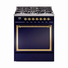 Ilve UN30QNMPMBG Ilve Un30Qnmpmbg Nostalgie Ii Noblesse 30" Dual Fuel Range (Natural Gas, Solid Door, Midnight Blue, Brass) Freestanding Ranges freestanding dual fuel range 30 inch