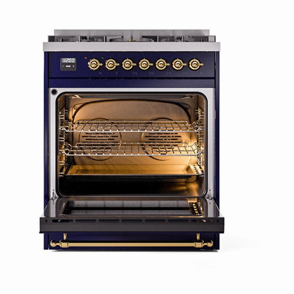 Ilve UN30QNMPMBG Ilve Un30Qnmpmbg Nostalgie Ii Noblesse 30" Dual Fuel Range (Natural Gas, Solid Door, Midnight Blue, Brass)