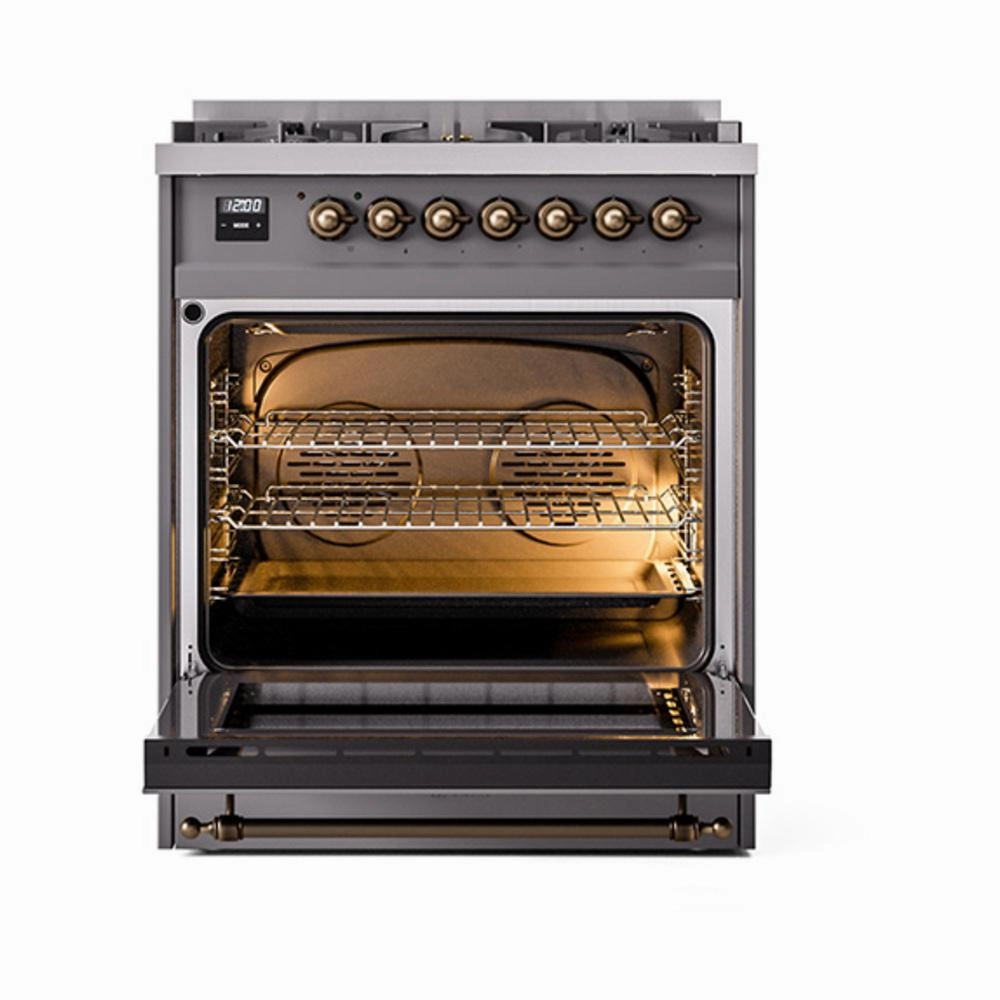 Ilve UN30QNMPMGBLP Ilve Un30Qnmpmgblp Nostalgie Ii Noblesse 30" Dual Fuel Range (Liquid Propane, Solid Door, Graphite Matte, Burnished)