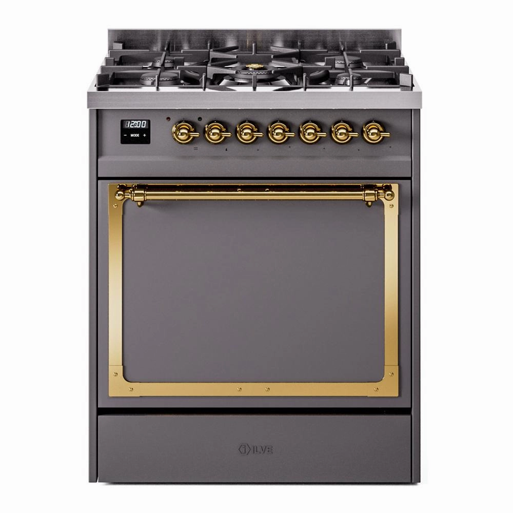 Ilve UN30QNMPMGG Ilve Un30Qnmpmgg Nostalgie Ii Noblesse 30" Dual Fuel Range (Natural Gas, Solid Door, Graphite Matte, Brass) Freestanding Ranges freestanding dual fuel range 30 inch
