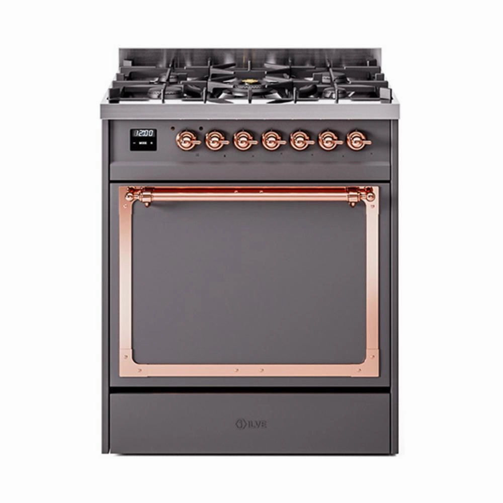 Ilve UN30QNMPMGP Ilve Un30Qnmpmgp Nostalgie Ii Noblesse 30" Dual Fuel Range (Natural Gas, Solid Door, Graphite Matte, Copper) Freestanding Ranges freestanding dual fuel range 30 inch