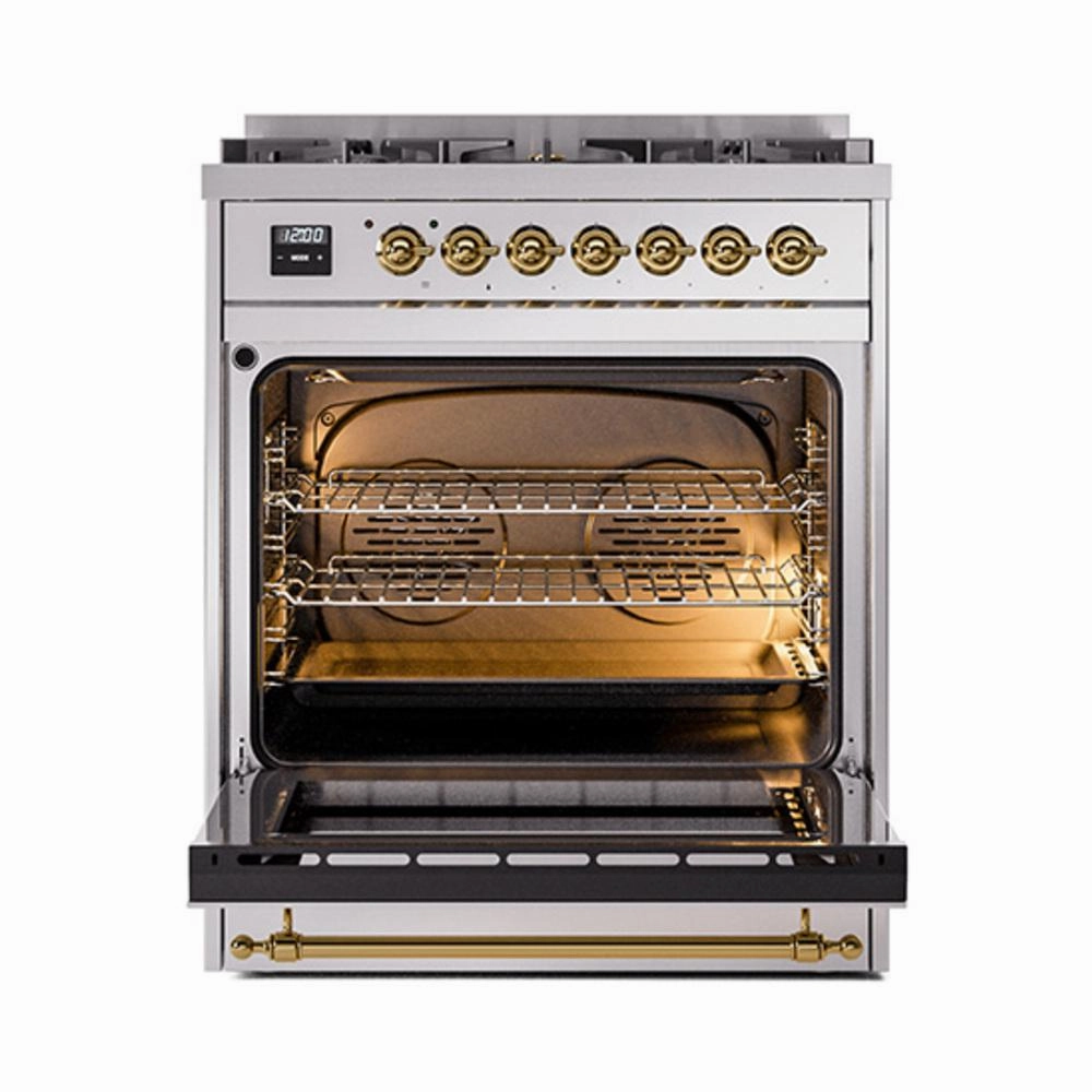 Ilve UN30QNMPSSG Ilve Un30Qnmpssg Nostalgie Ii Noblesse 30" Dual Fuel Range (Natural Gas, Solid Door, Stainless Steel, Brass)