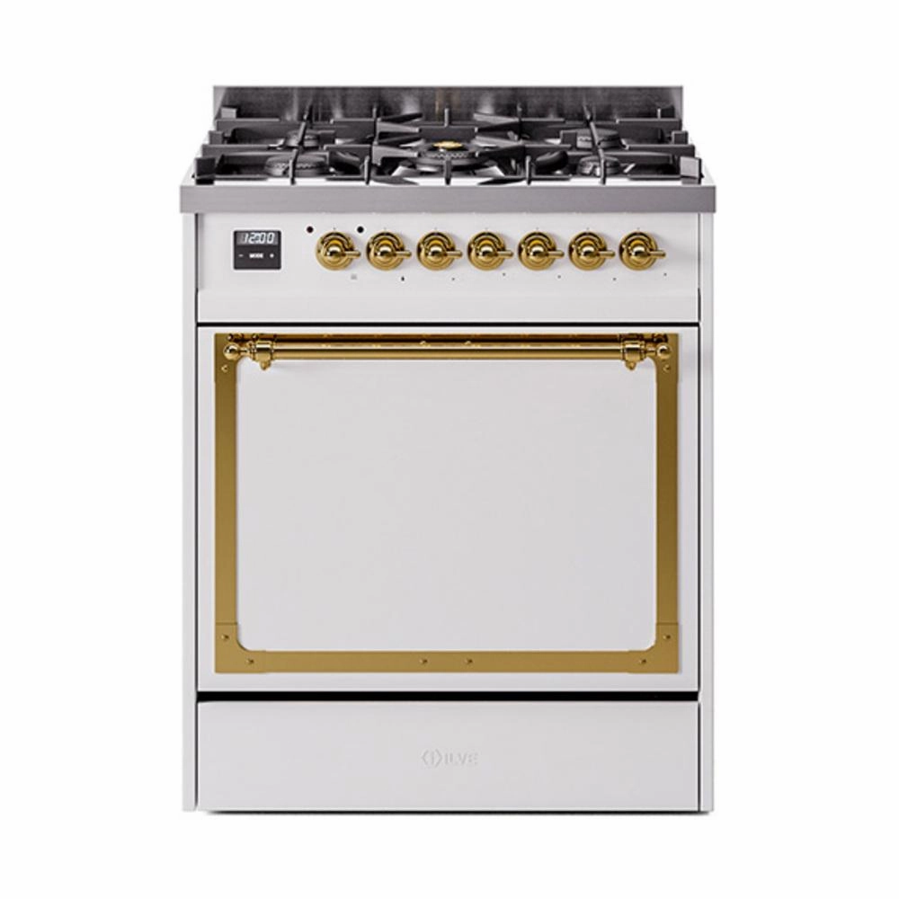 Ilve UN30QNMPWHGLP Ilve Un30Qnmpwhglp Nostalgie Ii Noblesse 30" Dual Fuel Range (Liquid Propane, Solid Door, White, Brass) Freestanding Ranges freestanding dual fuel range 30 inch