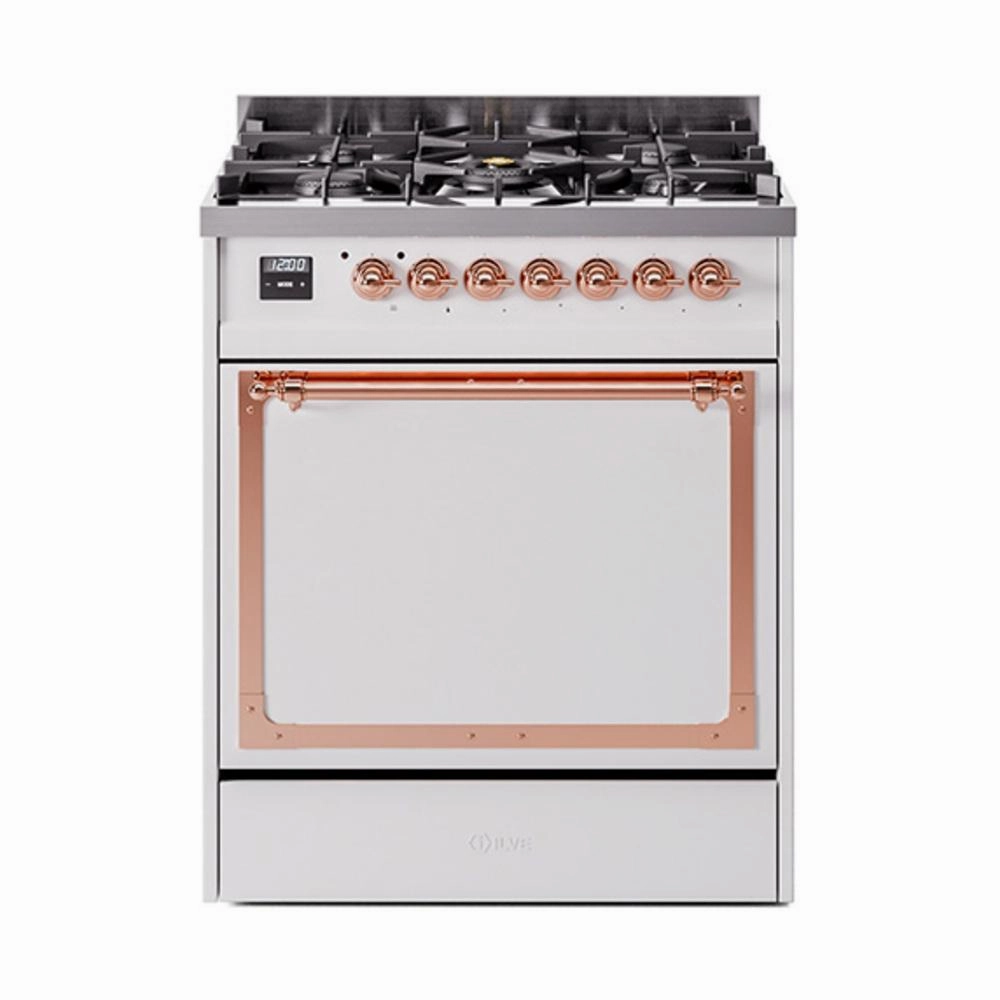 Ilve UN30QNMPWHP Ilve Un30Qnmpwhp Nostalgie Ii Noblesse 30" Dual Fuel Range (Natural Gas, Solid Door, White, Copper) Freestanding Ranges freestanding dual fuel range 30 inch