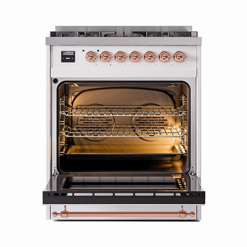 Ilve UN30QNMPWHP Ilve Un30Qnmpwhp Nostalgie Ii Noblesse 30" Dual Fuel Range (Natural Gas, Solid Door, White, Copper)