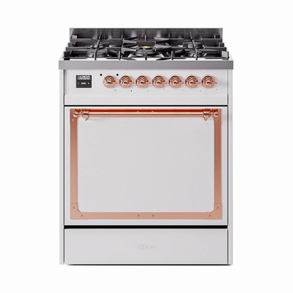 Ilve UN30QNMPWHPLP Ilve Un30Qnmpwhplp Nostalgie Ii Noblesse 30" Dual Fuel Range (Liquid Propane, Solid Door, White, Copper) Freestanding Ranges freestanding dual fuel range 30 inch