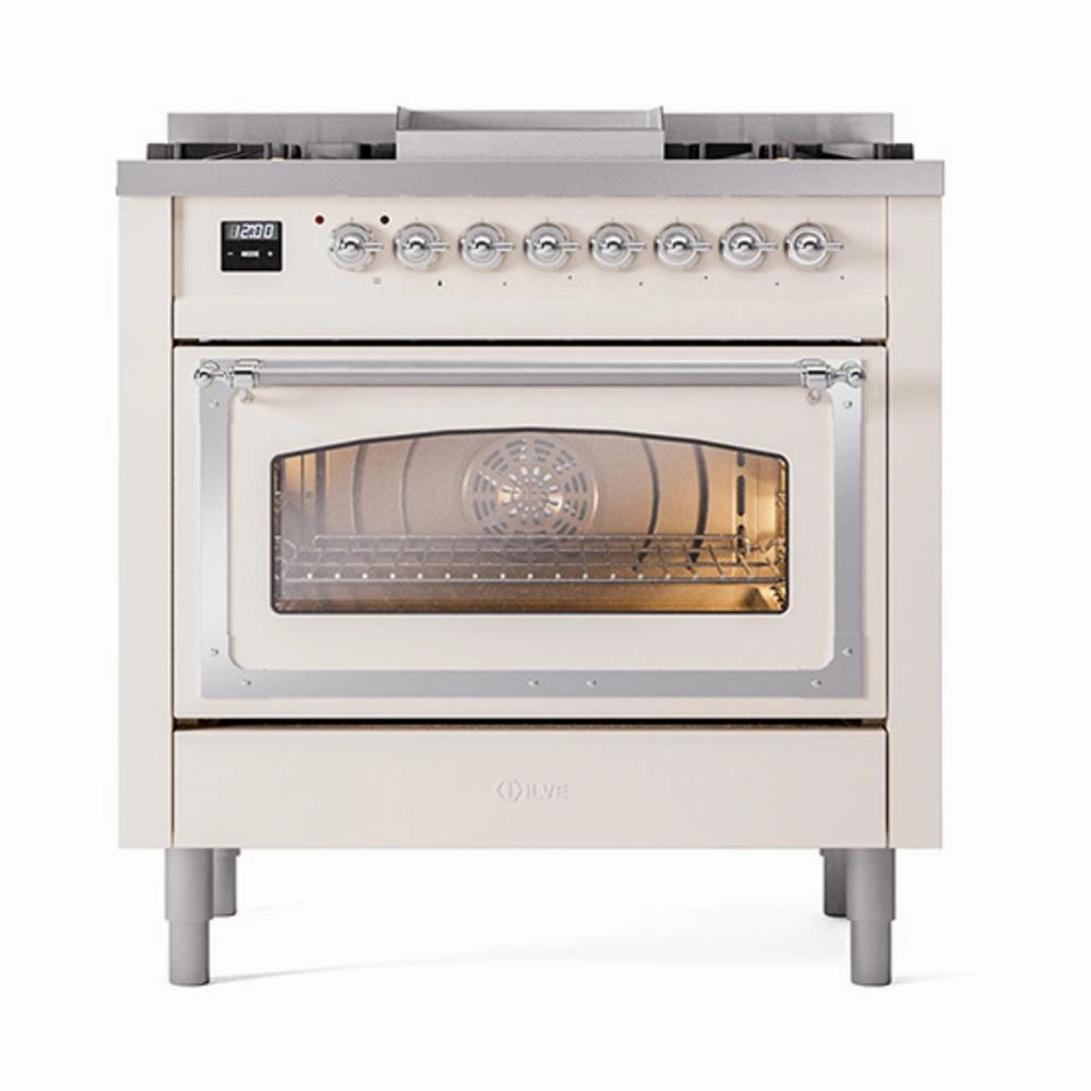 Ilve UN36FNMPAWCLP Ilve Un36Fnmpawclp Nostalgie Ii Noblesse 36" Dual Fuel Range (Liquid Propane, Triple Glass Door, Antique White, Chrome)