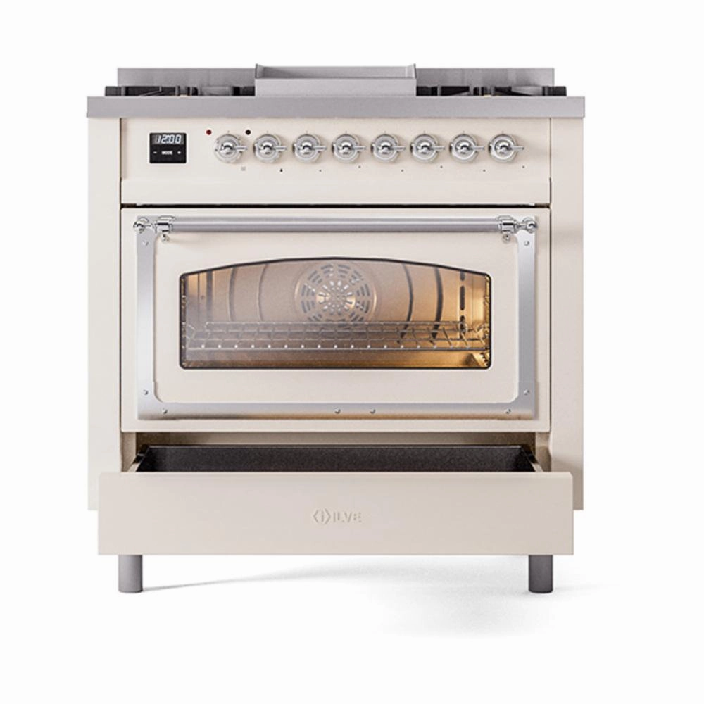 Ilve UN36FNMPAWCLP Ilve Un36Fnmpawclp Nostalgie Ii Noblesse 36" Dual Fuel Range (Liquid Propane, Triple Glass Door, Antique White, Chrome)