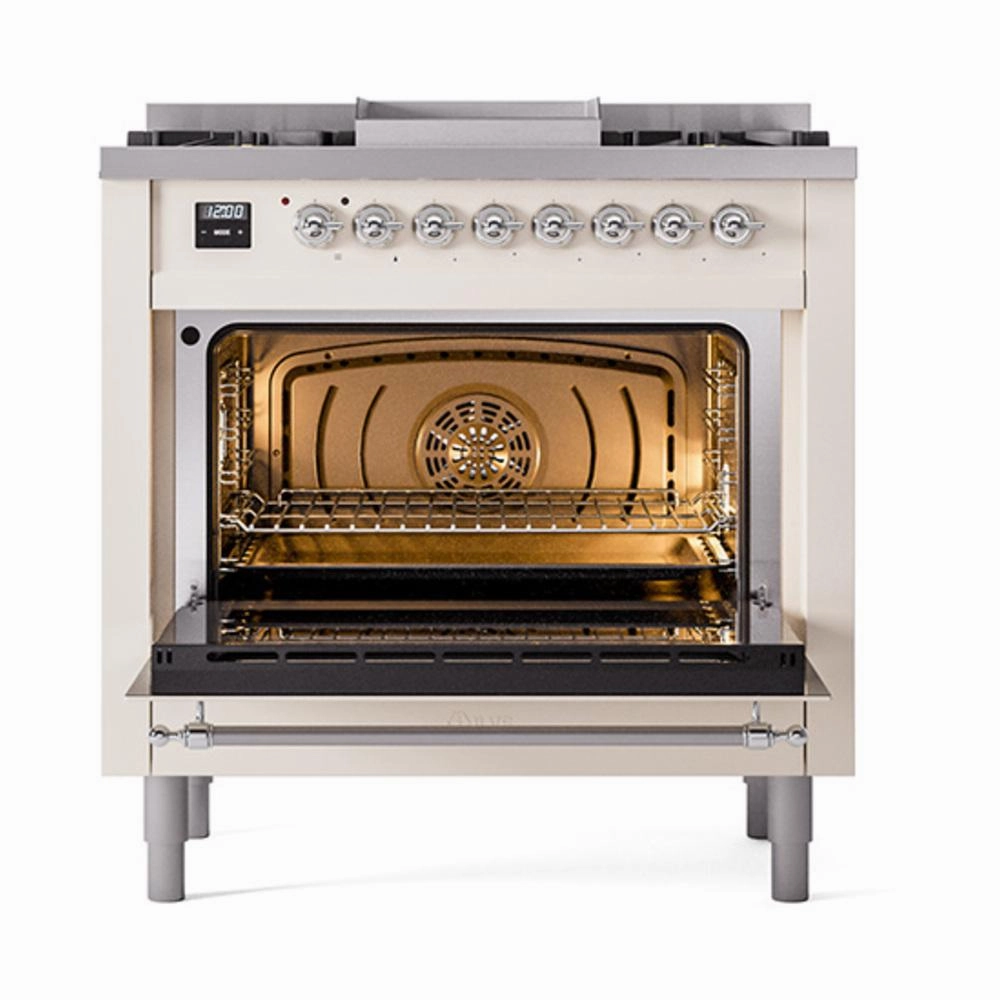 Ilve UN36FNMPAWCLP Ilve Un36Fnmpawclp Nostalgie Ii Noblesse 36" Dual Fuel Range (Liquid Propane, Triple Glass Door, Antique White, Chrome)