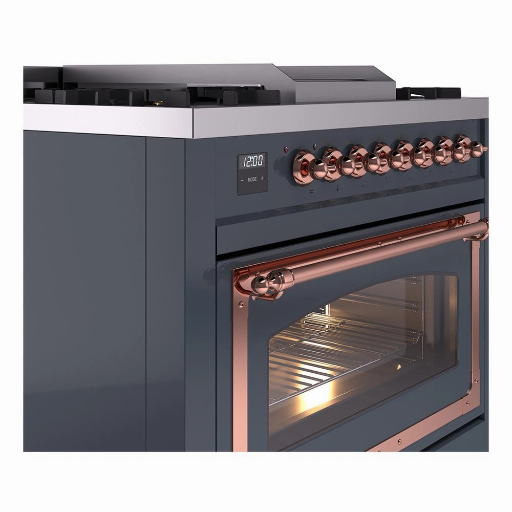 Ilve UN36FNMPBGP Ilve Un36Fnmpbgp Nostalgie Ii Noblesse 36" Dual Fuel Range (Natural Gas, Triple Glass Door, Blue Grey, Copper)