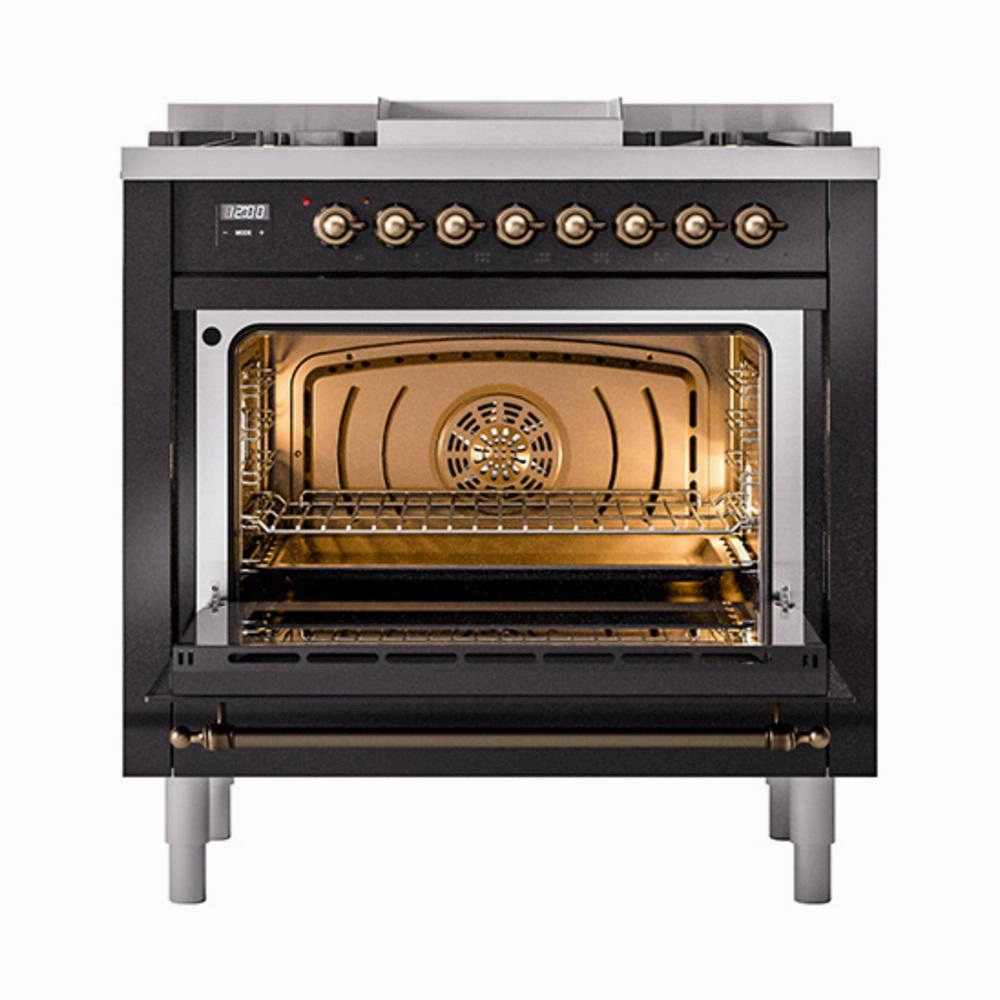 Ilve UN36FNMPBKB Ilve Un36Fnmpbkb Nostalgie Ii Noblesse 36" Dual Fuel Range (Natural Gas, Triple Glass Door, Glossy Black, Burnished)