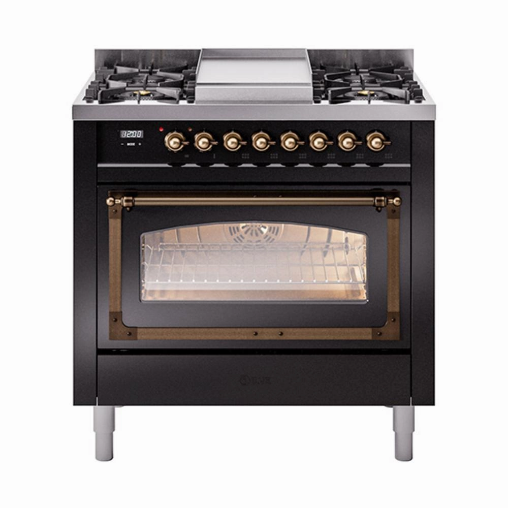 Ilve UN36FNMPBKB Ilve Un36Fnmpbkb Nostalgie Ii Noblesse 36" Dual Fuel Range (Natural Gas, Triple Glass Door, Glossy Black, Burnished) Freestanding Ranges freestanding dual fuel range 30 inch