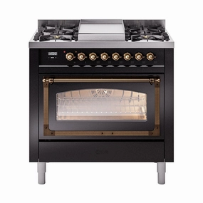 Ilve UN36FNMPBKBLP Ilve Un36Fnmpbkblp Nostalgie Ii Noblesse 36" Dual Fuel Range (Liquid Propane, Triple Glass Door, Glossy Black, Burnished) Freestanding Ranges freestanding dual fuel range 30 inch