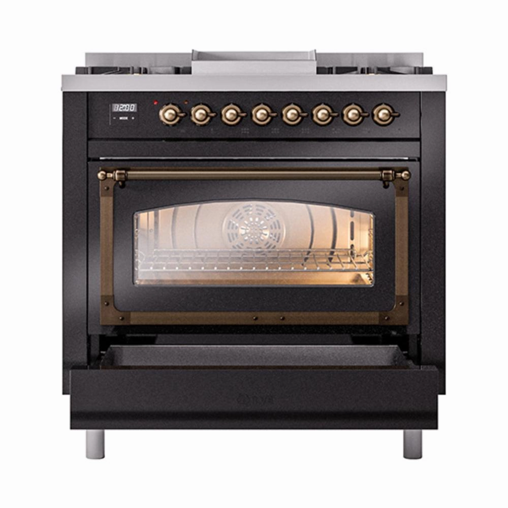 Ilve UN36FNMPBKBLP Ilve Un36Fnmpbkblp Nostalgie Ii Noblesse 36" Dual Fuel Range (Liquid Propane, Triple Glass Door, Glossy Black, Burnished)