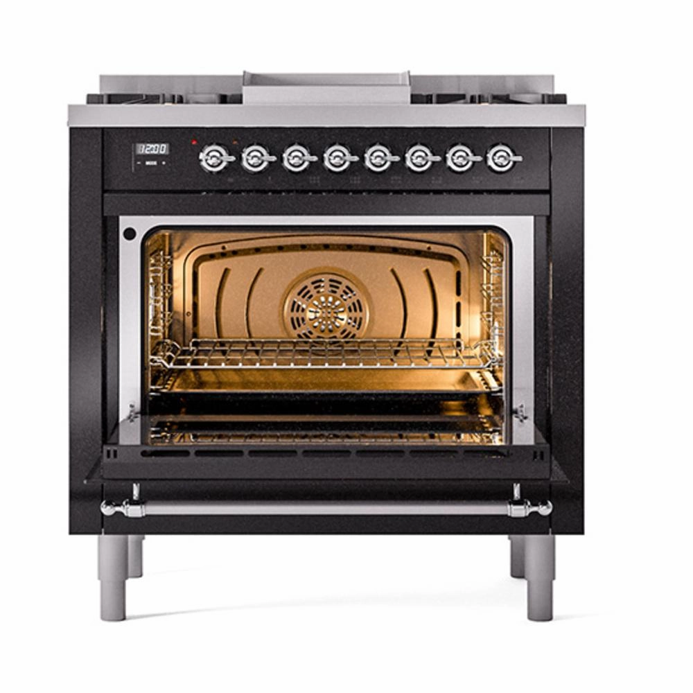 Ilve UN36FNMPBKC Ilve Un36Fnmpbkc Nostalgie Ii Noblesse 36" Dual Fuel Range (Natural Gas, Triple Glass Door, Glossy Black, Chrome)
