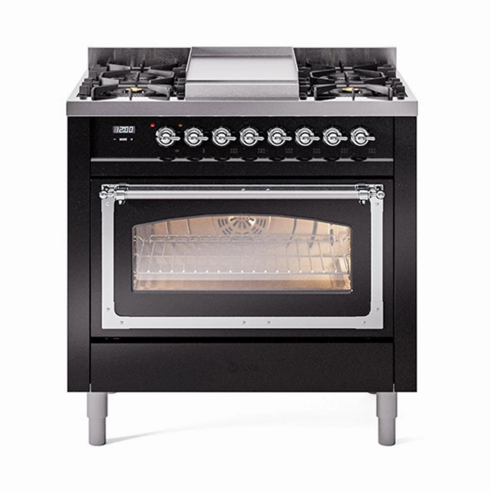Ilve UN36FNMPBKC Ilve Un36Fnmpbkc Nostalgie Ii Noblesse 36" Dual Fuel Range (Natural Gas, Triple Glass Door, Glossy Black, Chrome) Freestanding Ranges freestanding dual fuel range 30 inch