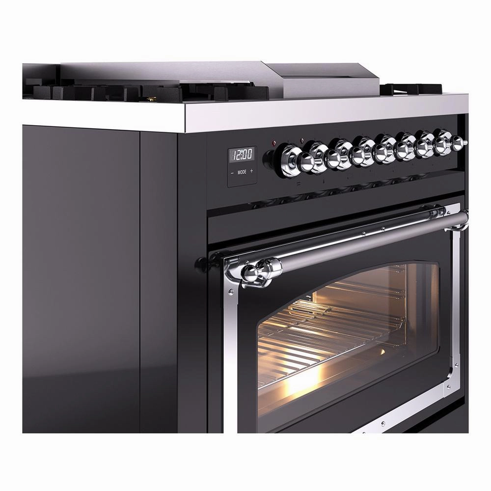 Ilve UN36FNMPBKC Ilve Un36Fnmpbkc Nostalgie Ii Noblesse 36" Dual Fuel Range (Natural Gas, Triple Glass Door, Glossy Black, Chrome)