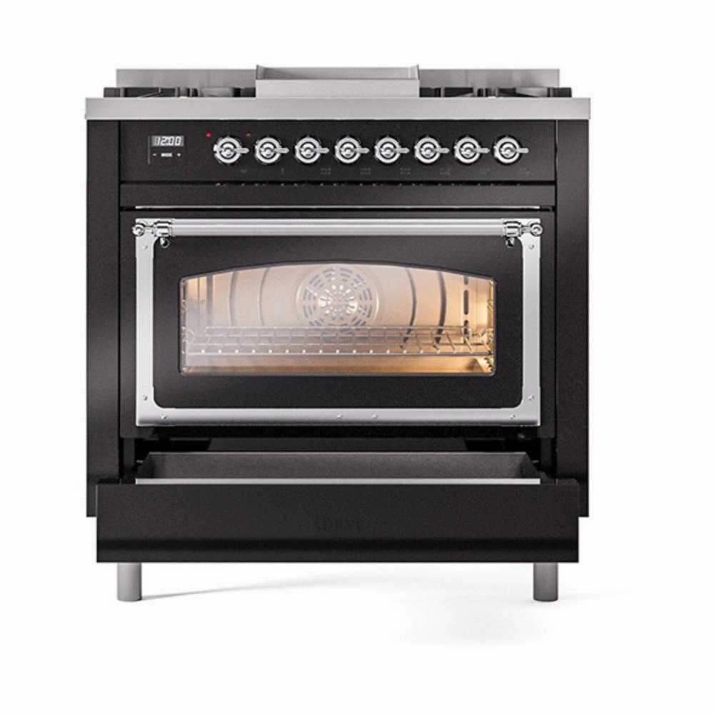Ilve UN36FNMPBKC Ilve Un36Fnmpbkc Nostalgie Ii Noblesse 36" Dual Fuel Range (Natural Gas, Triple Glass Door, Glossy Black, Chrome)