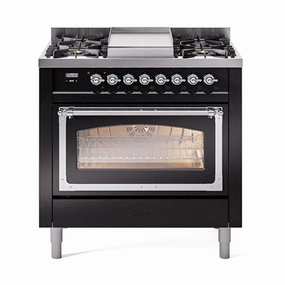 Ilve UN36FNMPBKCLP Ilve Un36Fnmpbkclp Nostalgie Ii Noblesse 36" Dual Fuel Range (Liquid Propane, Triple Glass Door, Glossy Black, Chrome) Freestanding Ranges freestanding dual fuel range 30 inch