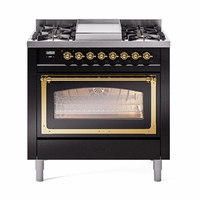 Ilve UN36FNMPBKGLP Ilve Un36Fnmpbkglp Nostalgie Ii Noblesse 36" Dual Fuel Range (Liquid Propane, Triple Glass Door, Glossy Black, Brass) Freestanding Ranges freestanding dual fuel range 30 inch