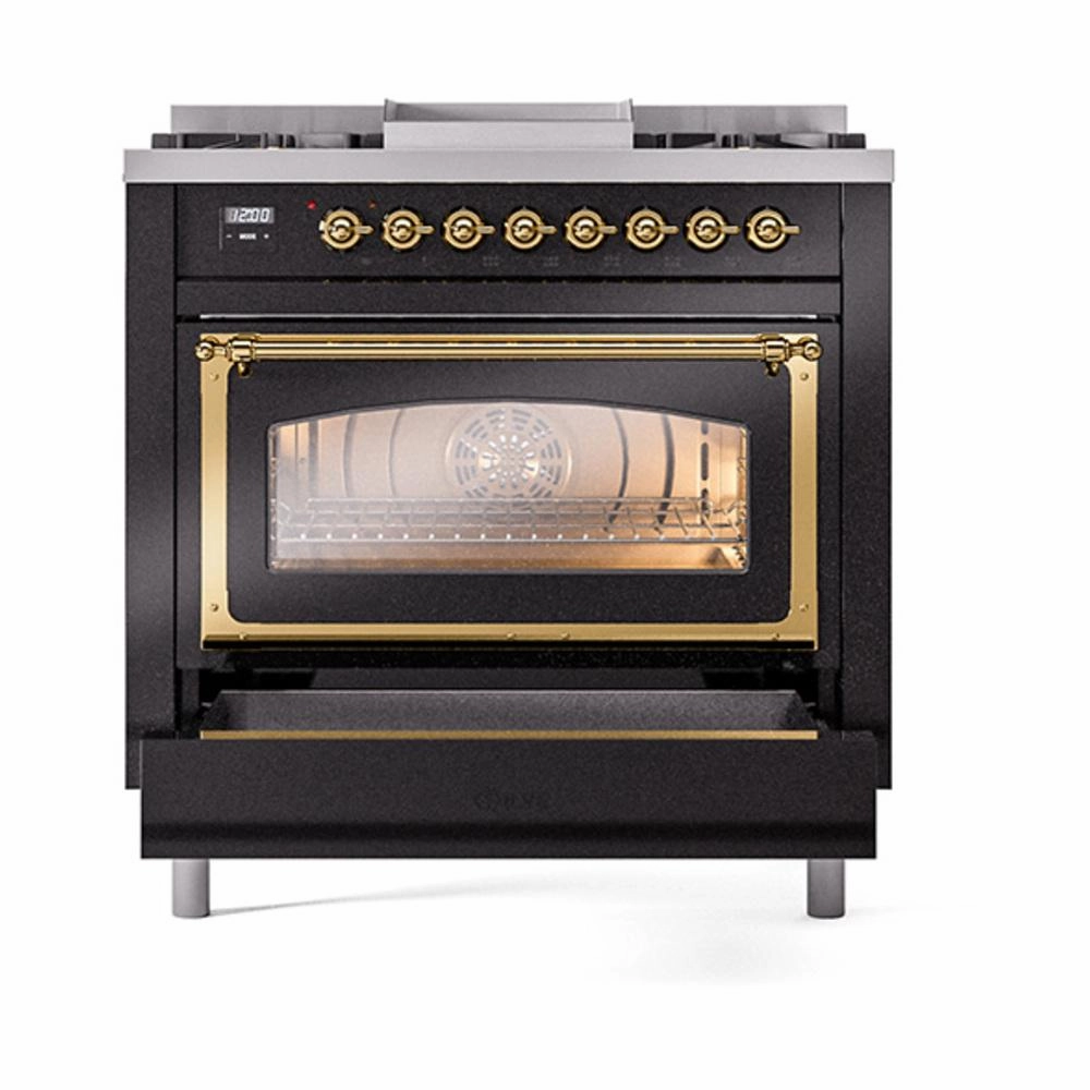 Ilve UN36FNMPBKGLP Ilve Un36Fnmpbkglp Nostalgie Ii Noblesse 36" Dual Fuel Range (Liquid Propane, Triple Glass Door, Glossy Black, Brass)