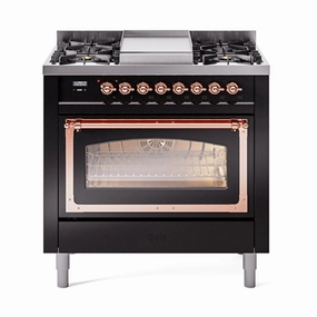 Ilve UN36FNMPBKPLP Ilve Un36Fnmpbkplp Nostalgie Ii Noblesse 36" Dual Fuel Range (Liquid Propane, Triple Glass Door, Glossy Black, Copper) Freestanding Ranges freestanding dual fuel range 30 inch