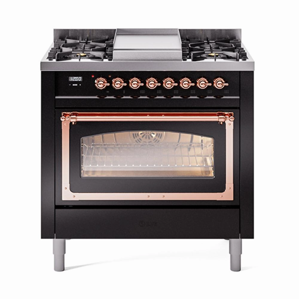 Ilve UN36FNMPBKPLP Ilve Un36Fnmpbkplp Nostalgie Ii Noblesse 36" Dual Fuel Range (Liquid Propane, Triple Glass Door, Glossy Black, Copper) Freestanding Ranges freestanding dual fuel range 30 inch