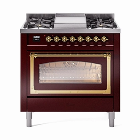 Ilve UN36FNMPBUGLP Ilve Un36Fnmpbuglp Nostalgie Ii Noblesse 36" Dual Fuel Range (Liquid Propane, Triple Glass Door, Burgundy, Brass) Freestanding Ranges freestanding dual fuel range 30 inch