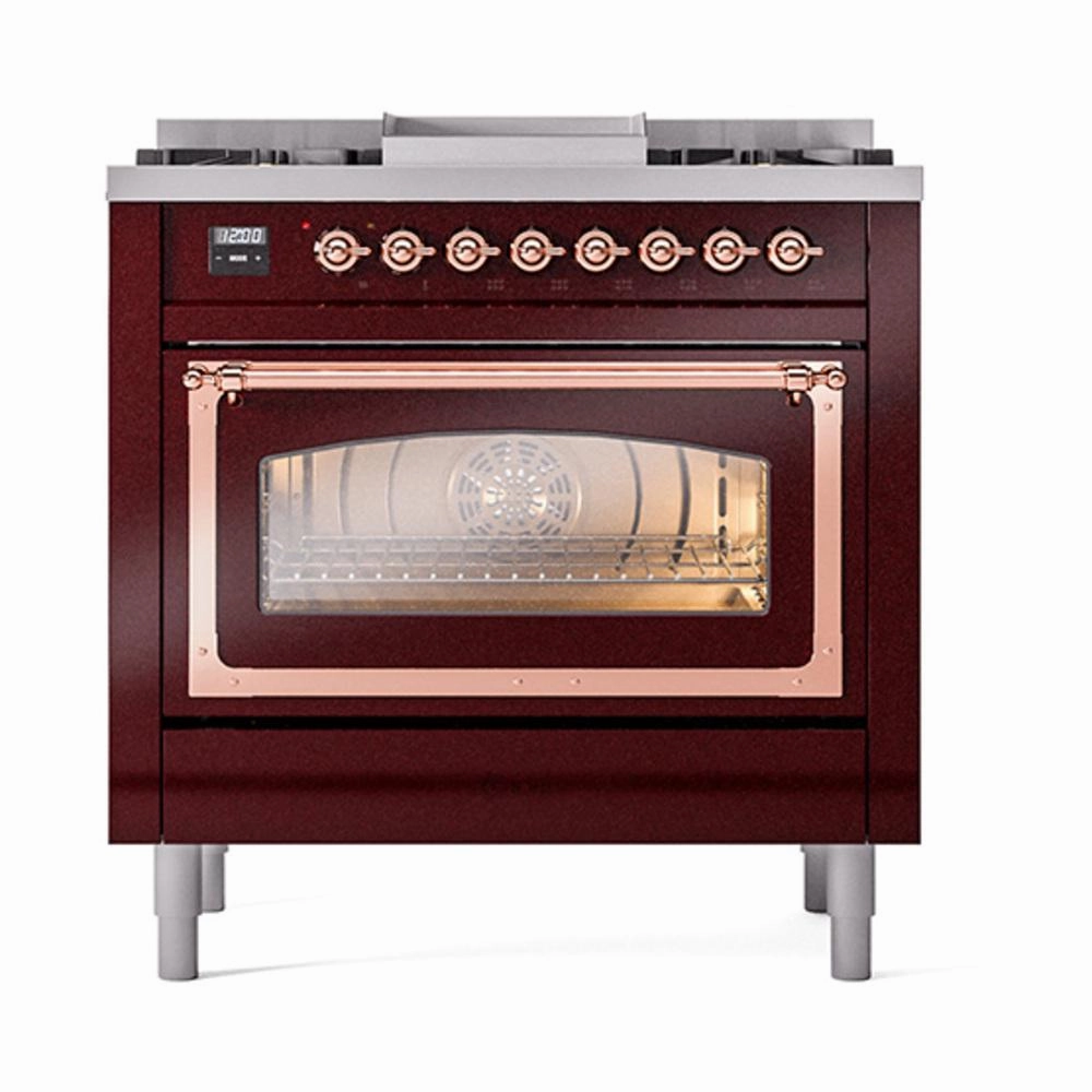 Ilve UN36FNMPBUP Ilve Un36Fnmpbup Nostalgie Ii Noblesse 36" Dual Fuel Range (Natural Gas, Triple Glass Door, Burgundy, Copper)