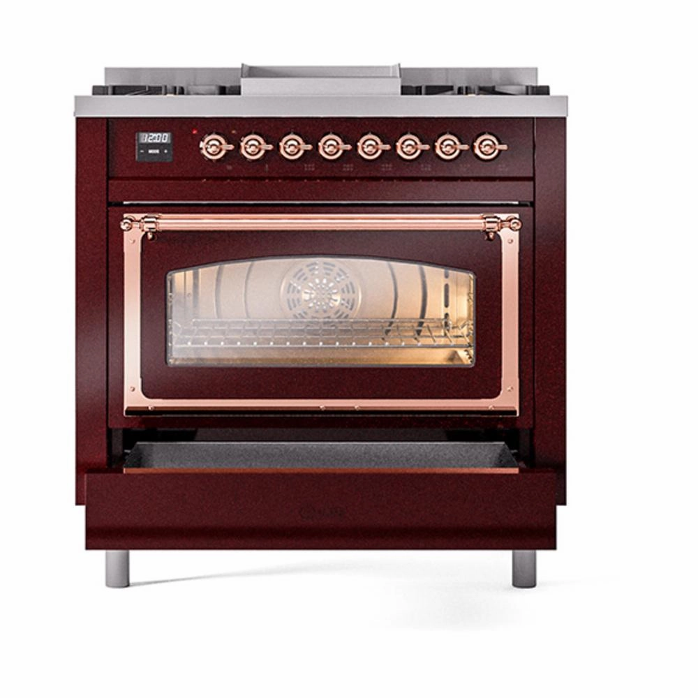 Ilve UN36FNMPBUP Ilve Un36Fnmpbup Nostalgie Ii Noblesse 36" Dual Fuel Range (Natural Gas, Triple Glass Door, Burgundy, Copper)