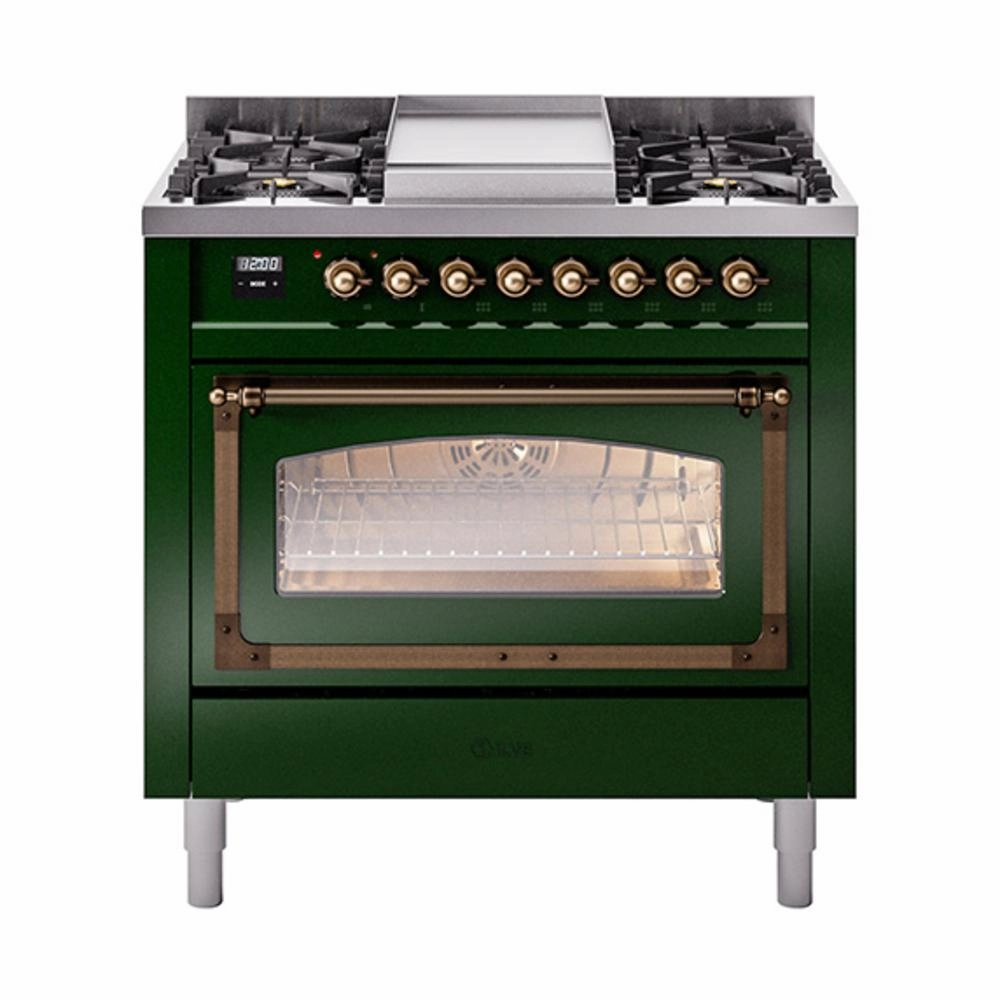 Ilve UN36FNMPEGBLP Ilve Un36Fnmpegblp Nostalgie Ii Noblesse 36" Dual Fuel Range (Liquid Propane, Triple Glass Door, Emerald Green, Burnished) Freestanding Ranges freestanding dual fuel range 30 inch