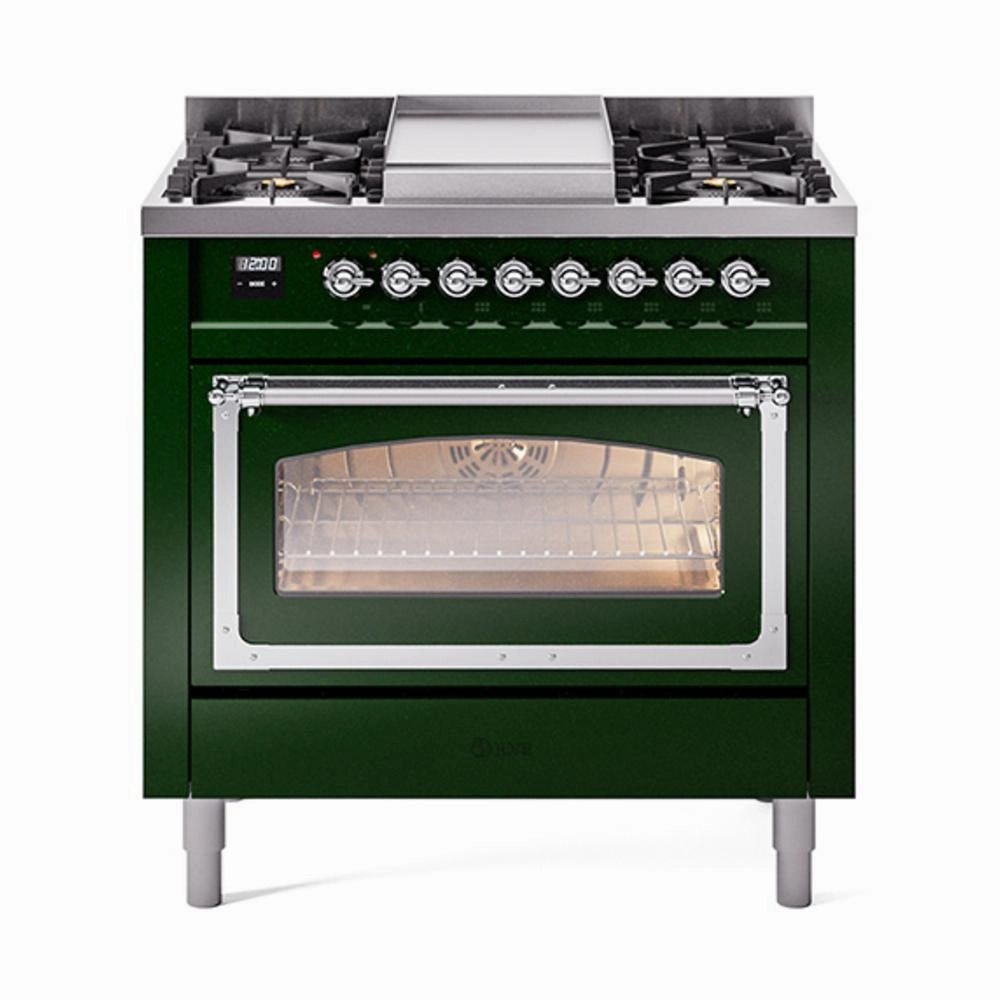 Ilve UN36FNMPEGCLP Ilve Un36Fnmpegclp Nostalgie Ii Noblesse 36" Dual Fuel Range (Liquid Propane, Triple Glass Door, Emerald Green, Chrome) Freestanding Ranges freestanding dual fuel range 30 inch