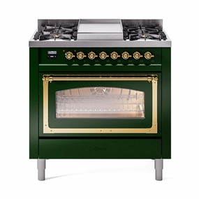 Ilve UN36FNMPEGG Ilve Un36Fnmpegg Nostalgie Ii Noblesse 36" Dual Fuel Range (Natural Gas, Triple Glass Door, Emerald Green, Brass) Freestanding Ranges freestanding dual fuel range 30 inch