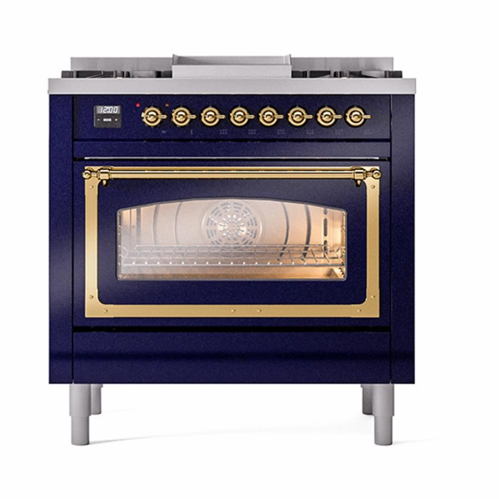 Ilve UN36FNMPMBG Ilve Un36Fnmpmbg Nostalgie Ii Noblesse 36" Dual Fuel Range (Natural Gas, Triple Glass Door, Midnight Blue, Brass)